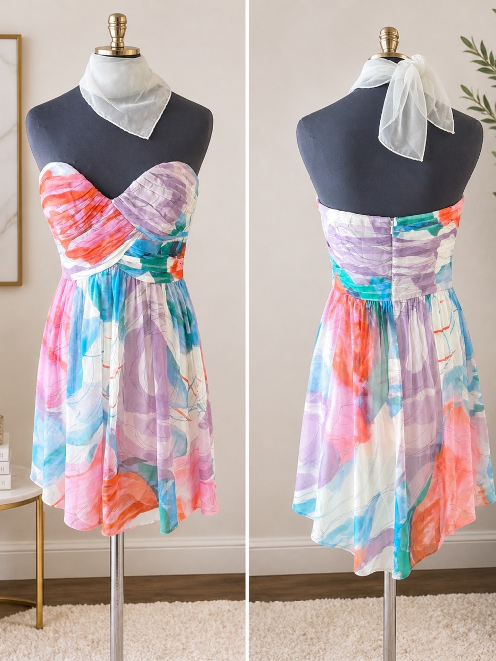 Donna Morgan Silk Watercolor Strapless  Mini Dress Size 8